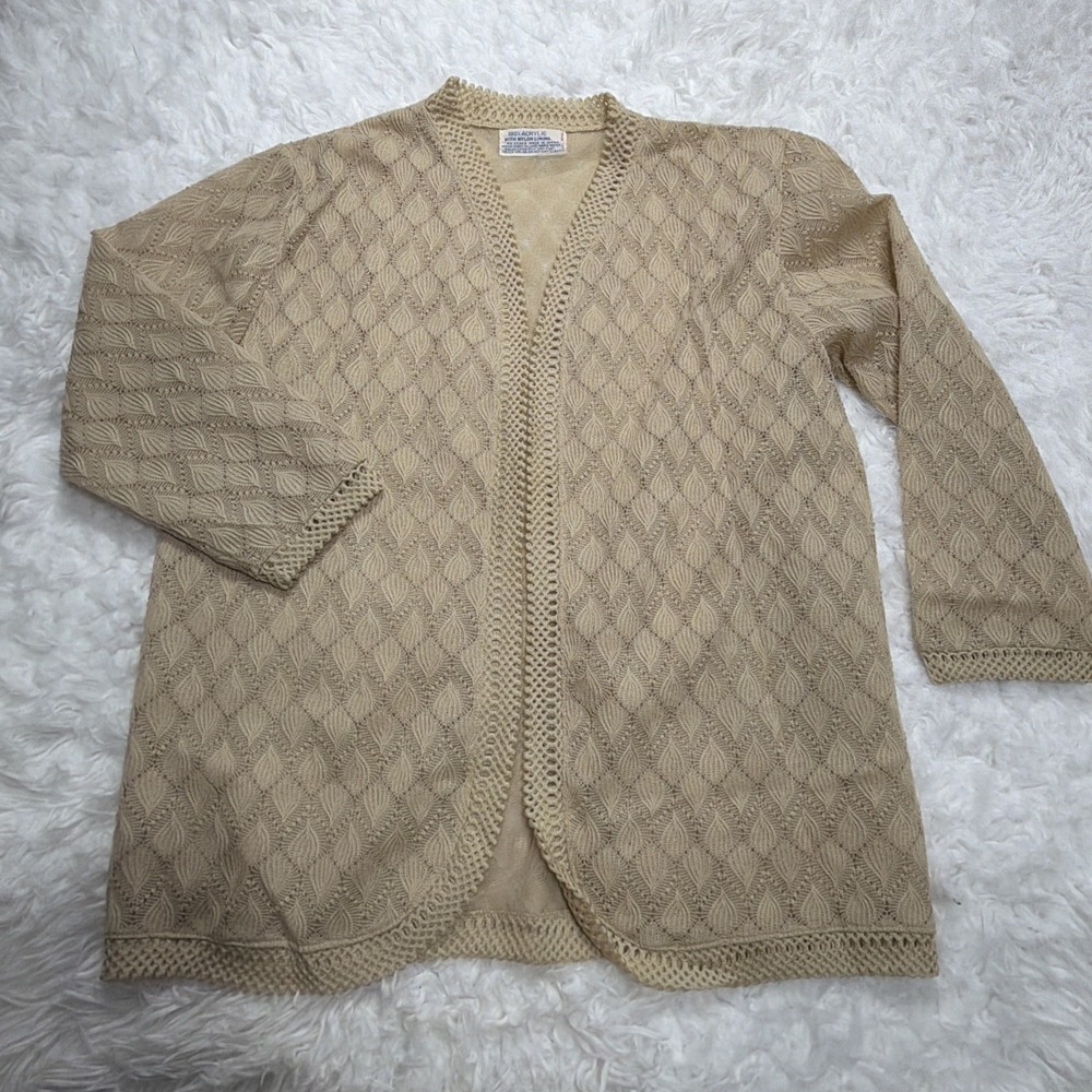Vintage 1950s Japan Cardigan Sweater Open Front Scalloped Beige Knit 50 52 Rare - Picture 3 of 9